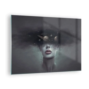 Glastavla - Bild på glas - En kvinna med planeter som huvud i en surrealistisk komposition - 70x50cm - Och planeterna blir galna... - Modern väggdekoration för vardagsrum och sovrum ARTTOR