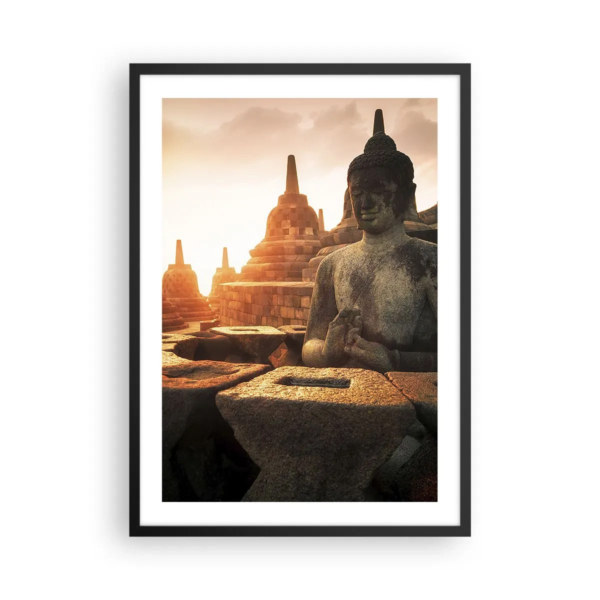 Affisch i svart ram - Buddhastaty med tempel i bakgrunden vid solnedgången - 50x70cm - Stora visdomens väder - Modern väggdekoration för vardagsrum och sovrum ARTTOR