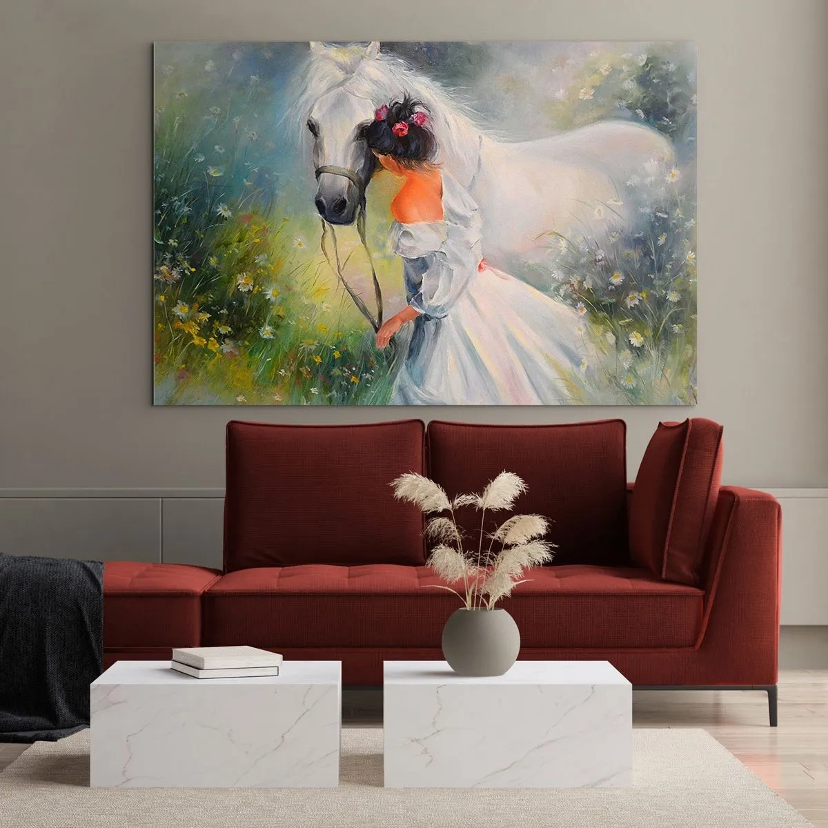 Glastavla - Bild på glas - En kvinna i vit klänning med en vit häst på en äng full av blommor. - 70x50cm - Ur en vacker dröm - Modern väggdekoration för vardagsrum och sovrum ARTTOR