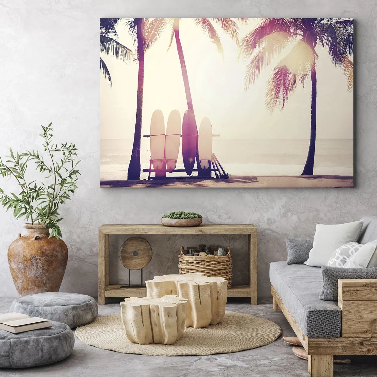 Canvastavla - Bild på duk - Palmer och surfbrädor på stranden i solskenet - 70x50cm - Det blir en underbar dag - Modern väggdekoration för vardagsrum och sovrum ARTTOR
