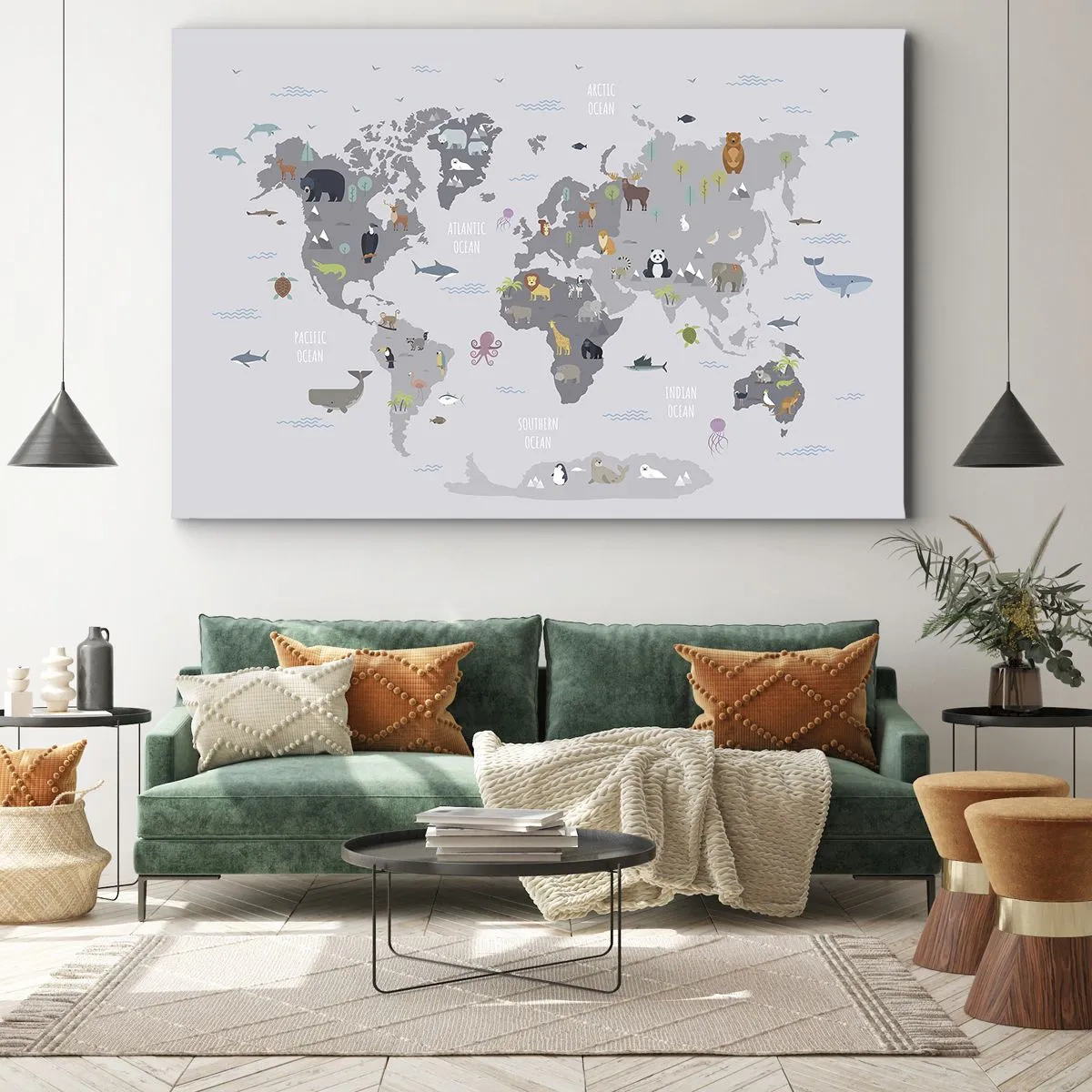Canvastavla - Bild på duk - En världskarta med djurillustrationer mot en grå bakgrund - 70x50cm - Säg varifrån du är... - Modern väggdekoration för vardagsrum och sovrum ARTTOR