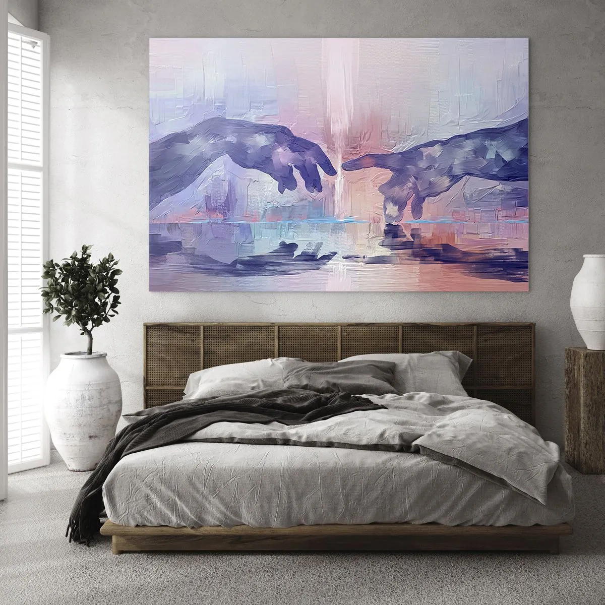 Glastavla - Bild på glas - Abstrakta händer som närmar sig varandra mot en pastellbakgrund. - 70x50cm - Den gudomliga gnistan av liv - Modern väggdekoration för vardagsrum och sovrum ARTTOR
