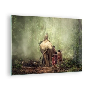 Glastavla - Bild på glas - En elefant i skogen med barn i traditionella dräkter - 70x50cm - Nya Djungelboken - Modern väggdekoration för vardagsrum och sovrum ARTTOR