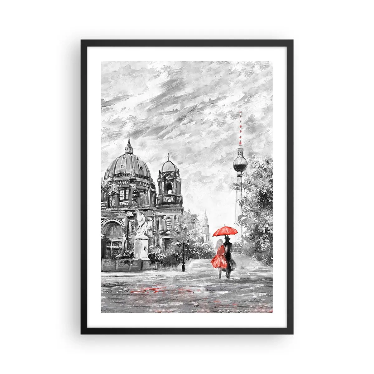 Affisch i svart ram - En figur med ett rött paraply mot bakgrund av Berlins arkitektur - 50x70cm - Ett möte i Berlin - Modern väggdekoration för vardagsrum och sovrum ARTTOR