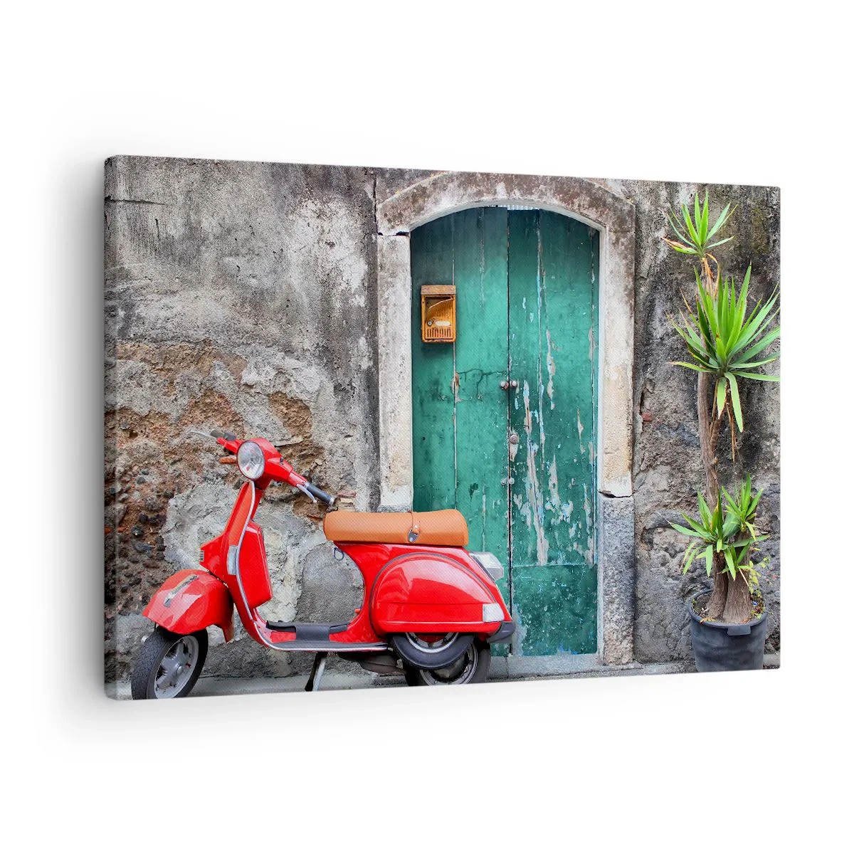 Canvastavla - Bild på duk - Röd skoter vid den gröna dörren - 70x50cm - Italiensk semester - Modern väggdekoration för vardagsrum och sovrum ARTTOR
