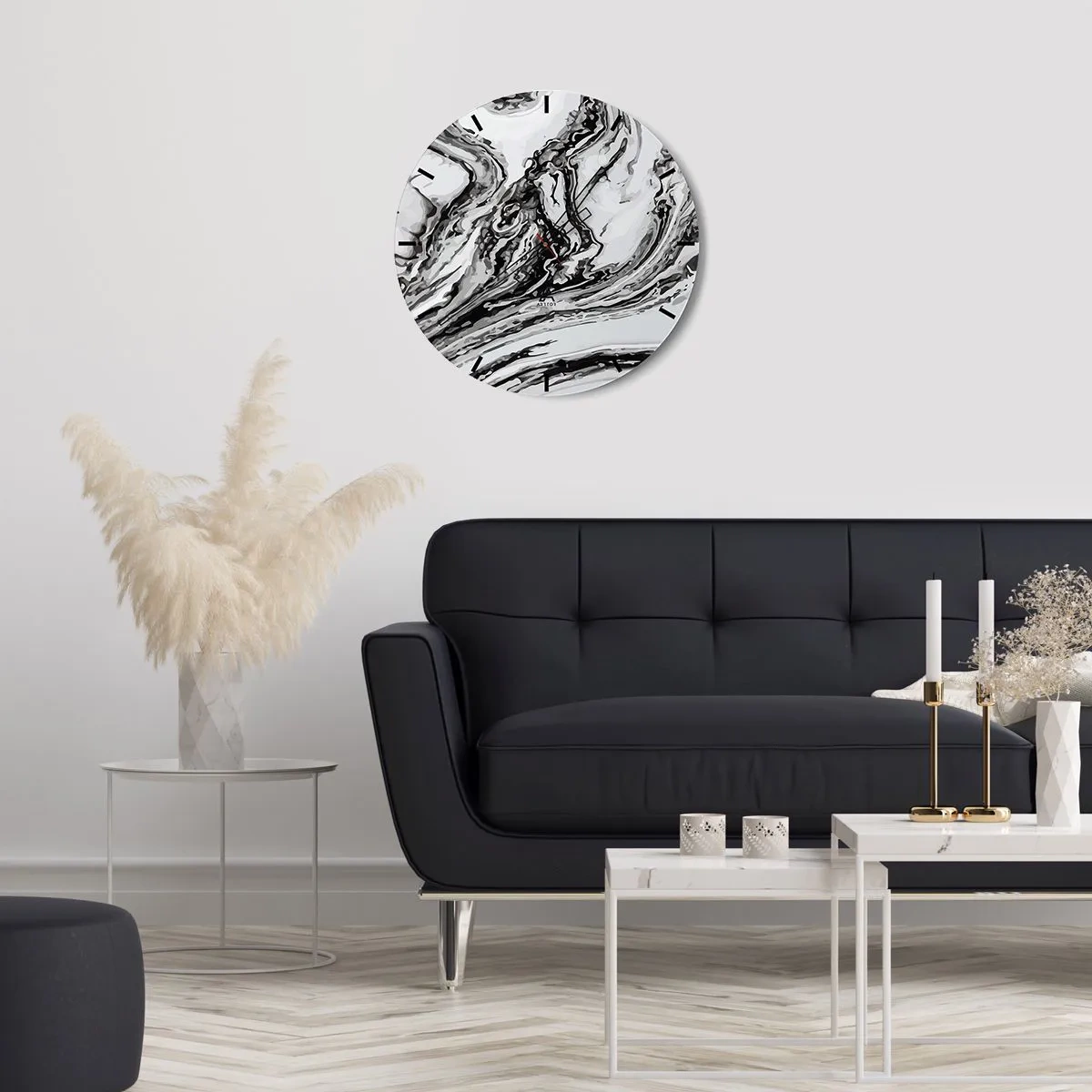 Väggklocka - Klocka på glas - Abstrakt marmormönster i svart och vitt - 30x30cm - I början var det kaos - Modern väggdekoration för vardagsrum, kök och sovrum ARTTOR