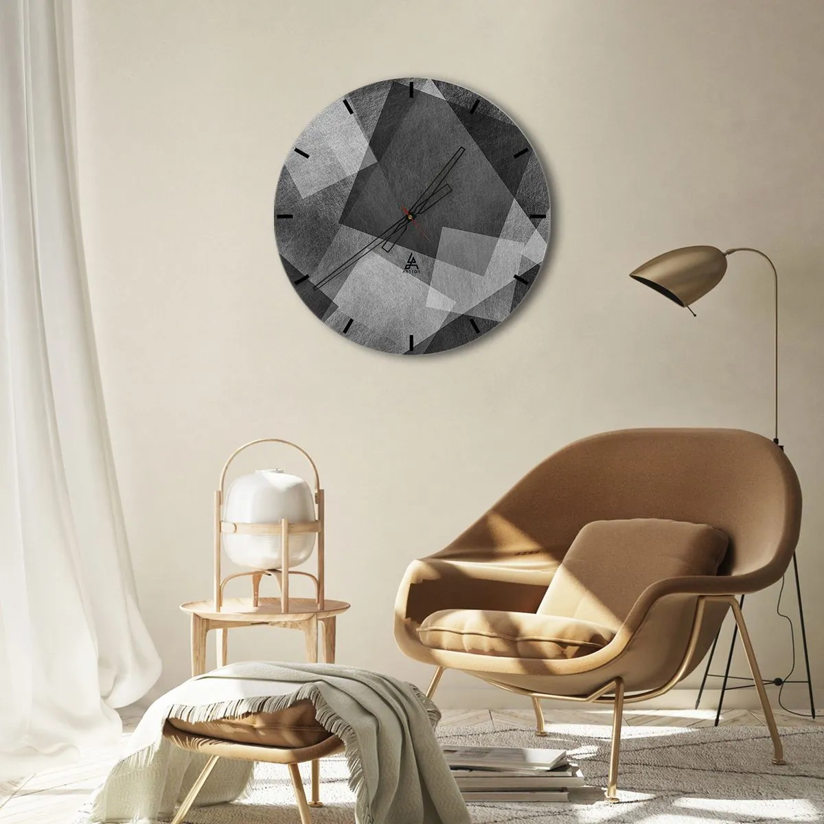 Väggklocka - Klocka på glas - Abstrakta geometriska former i grå nyanser - 30x30cm - Den eviga symbolen för hållbarhet och ordning - Modern väggdekoration för vardagsrum, kök och sovrum ARTTOR