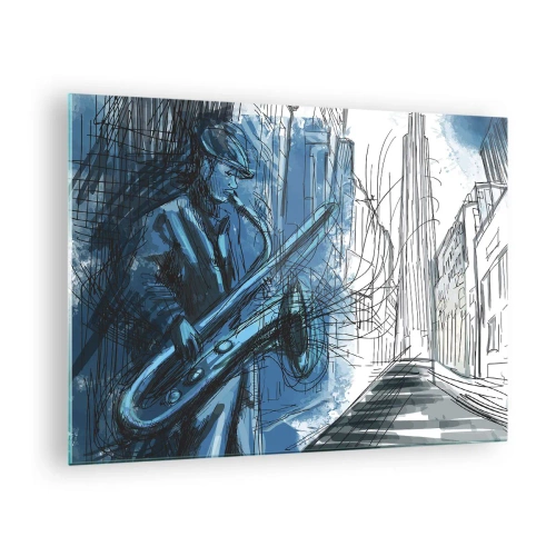 Glastavla - Bild på glas - Jazzsaxofonist i en blåfärgad urban miljö - 70x50cm - Stadsrapsodi - Modern väggdekoration för vardagsrum och sovrum ARTTOR