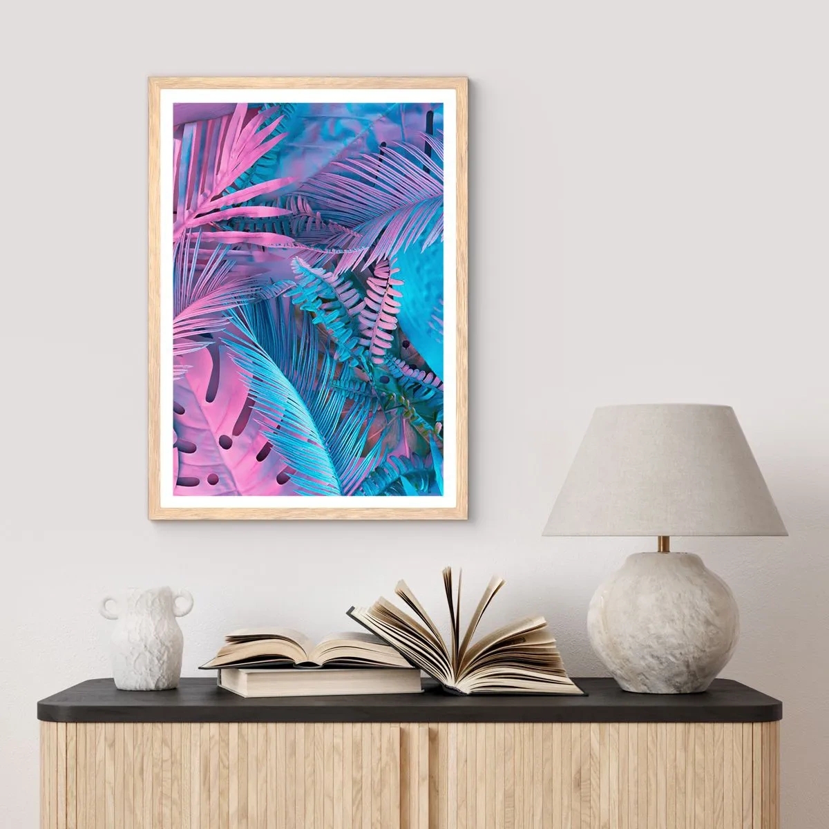 Affisch i ram av ljusek - Tropiken i rosa och blått - 40x50 cm