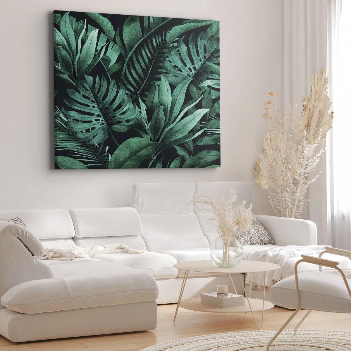 Canvastavla - Bild på duk - Tropiska löv i intensivt gröna nyanser - 70x50cm - Tropiska grönskans djup - Modern väggdekoration för vardagsrum och sovrum ARTTOR