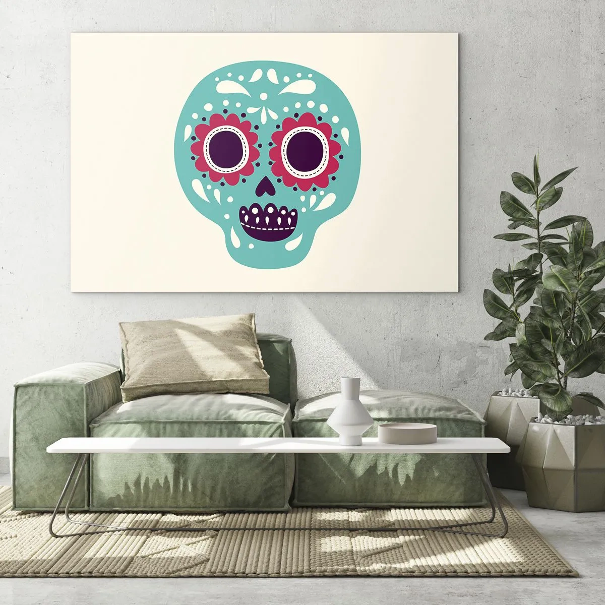 Glastavla - Bild på glas - En färgglad skalle dekorerad med mönster på en ljus bakgrund - 70x50cm - Livet - nöje till döden - Modern väggdekoration för vardagsrum och sovrum ARTTOR