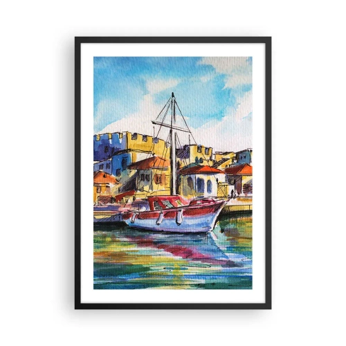 Affisch i svart ram - En färgglad akvarellmålning av en yacht i en kuststad - 50x70cm - Regnbågseftermiddag - Modern väggdekoration för vardagsrum och sovrum ARTTOR