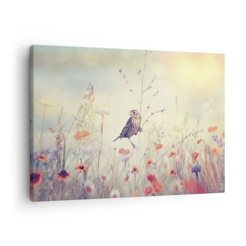 Canvastavla - Bild på duk - En fågel mot bakgrund av en färgglad äng i pastellfärger - 70x50cm - Fågelporträtt med en äng i bakgrunden - Modern väggdekoration för vardagsrum och sovrum ARTTOR