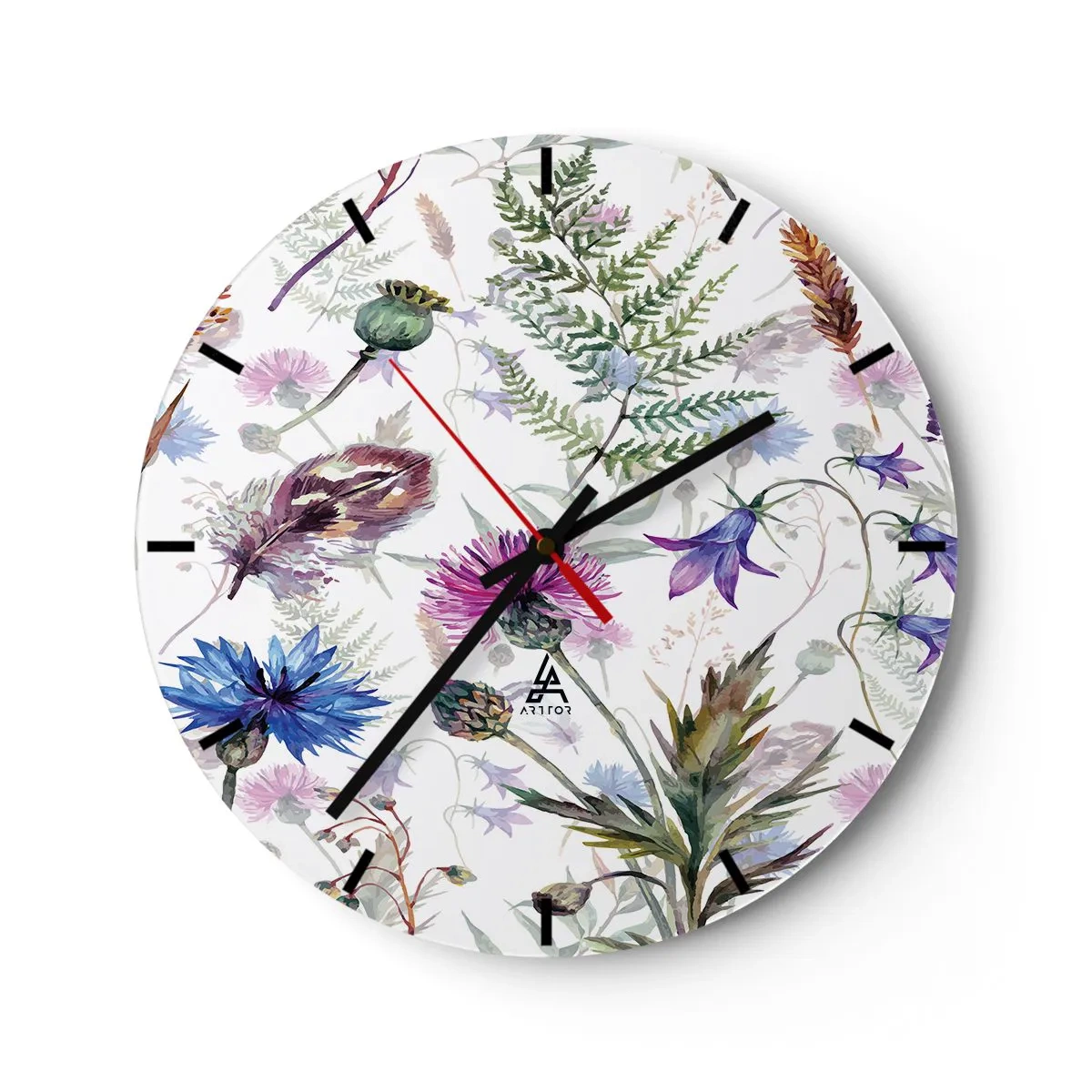 Väggklocka - Klocka på glas - Ett delikat mönster med vildblommor och löv på en vit bakgrund - 30x30cm - Polska örter - Modern väggdekoration för vardagsrum, kök och sovrum ARTTOR