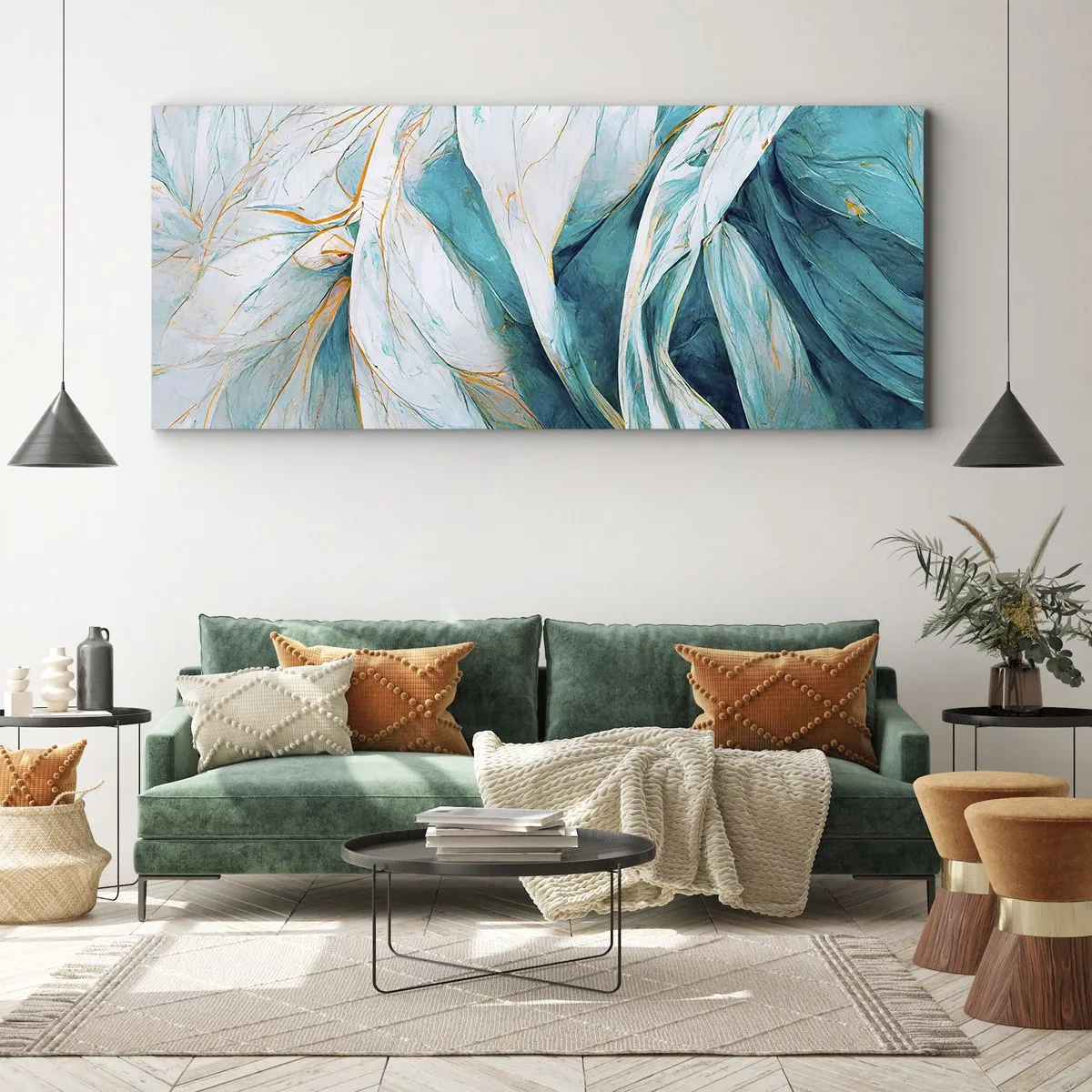 Canvastavla - Bild på duk - Blå abstraktion med guldmotiv - 100x40 cm
