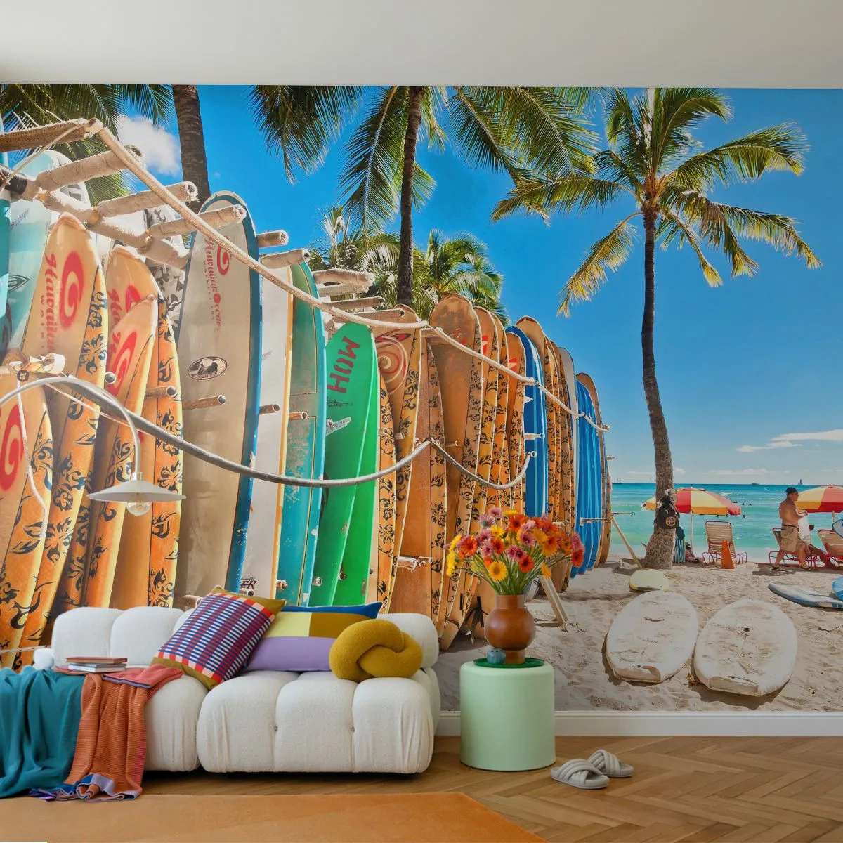 Fototapet Standard Eco - Solig lek - Landskap, Surfbräda, Strand - 400x280 cm