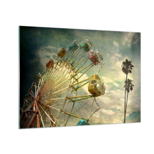 Glastavla - Bild på glas - Ett pariserhjul mot himlen och palmer i retrostil - 70x50cm - Kommer att bli, kommer att bli kul.... - Modern väggdekoration för vardagsrum och sovrum ARTTOR