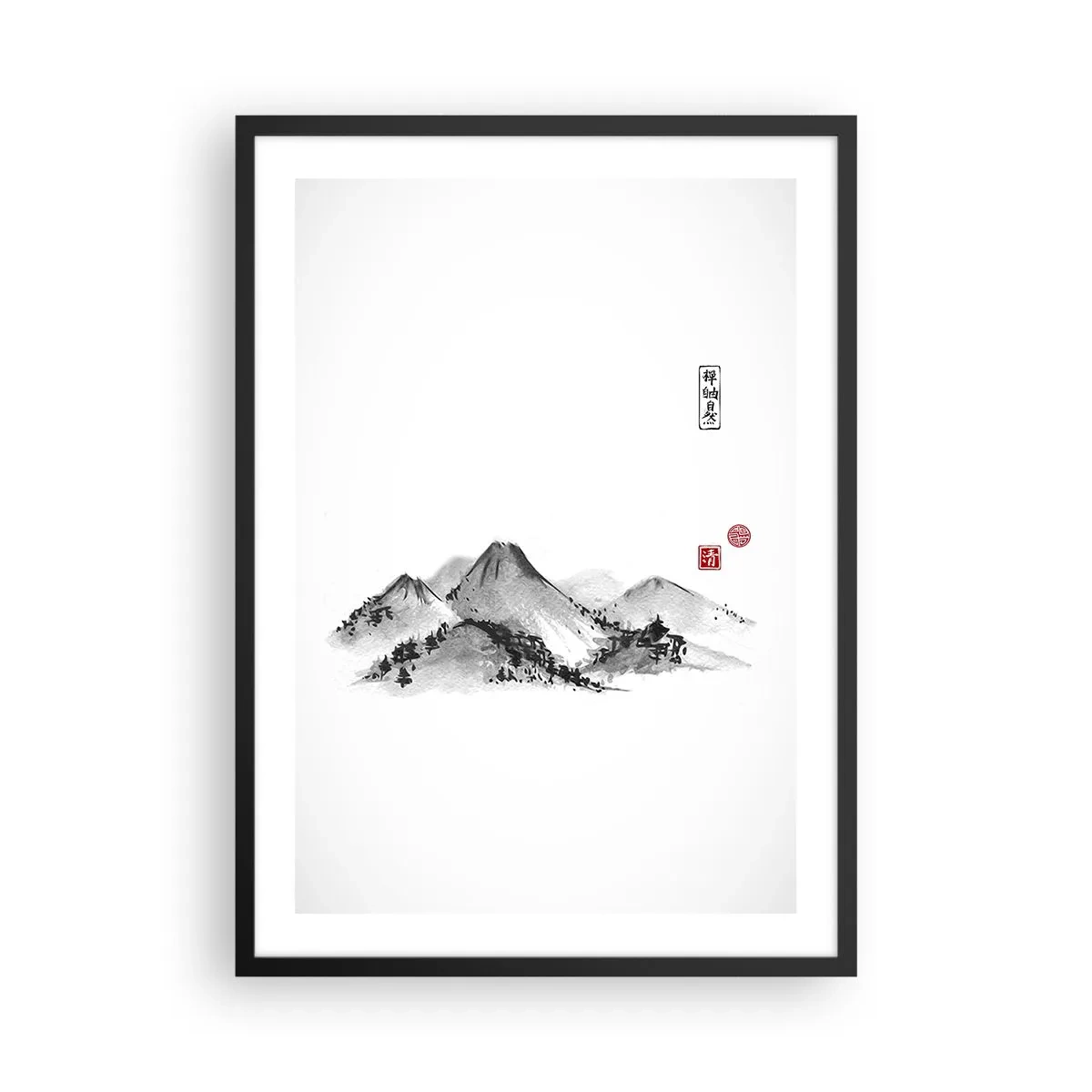 Affisch i svart ram - Ett minimalistiskt bergslandskap i japansk stil - 50x70cm - Bortom fjällen - Modern väggdekoration för vardagsrum och sovrum ARTTOR