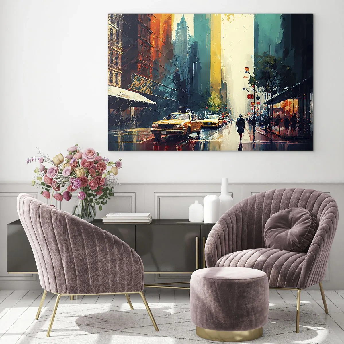 Glastavla - Bild på glas - Färgglada taxibilar och skyskrapor på en våt stadsgata - 70x50cm - New York - här är till och med regnet färgstarkt - Modern väggdekoration för vardagsrum och sovrum ARTTOR