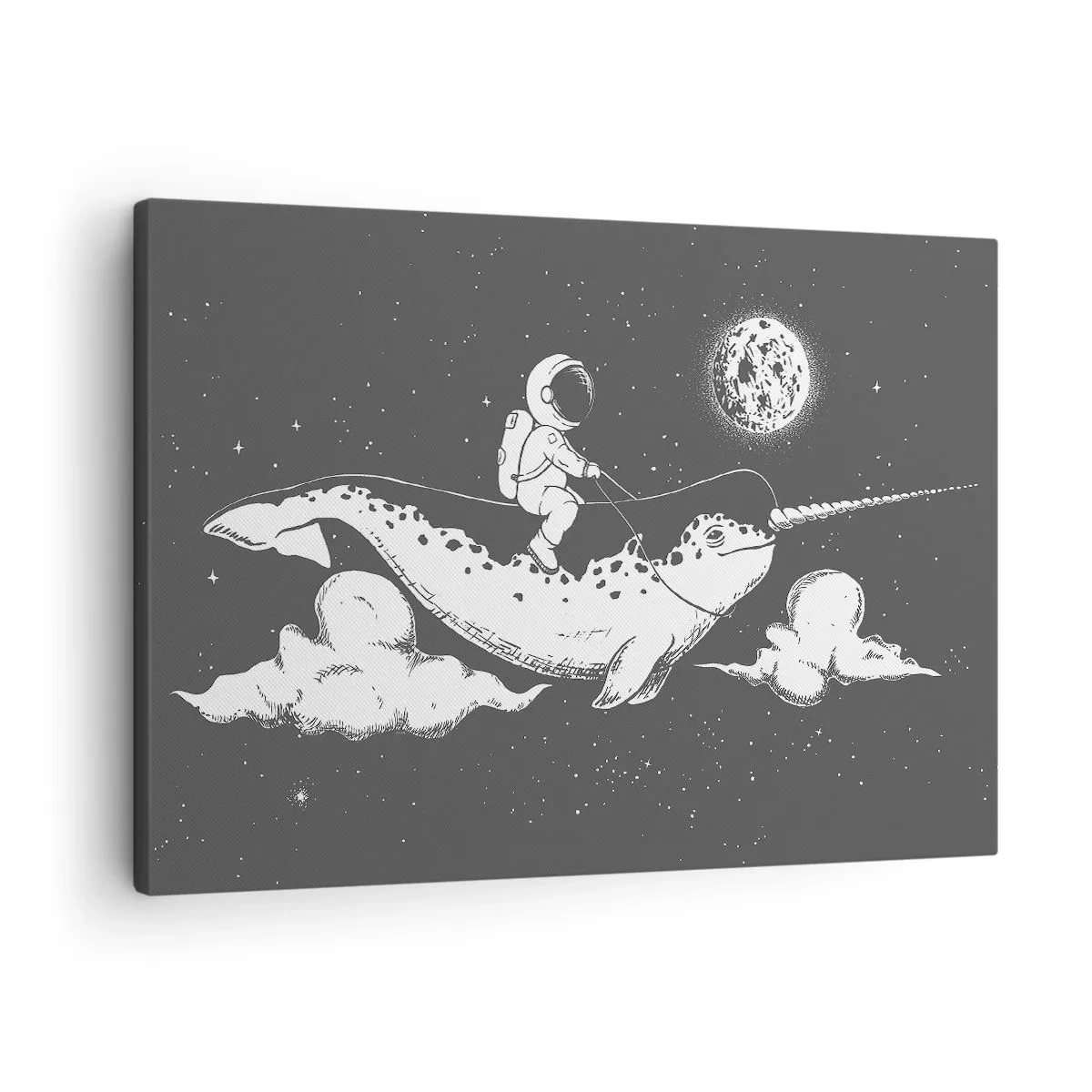 Canvastavla - Bild på duk - En astronaut på ryggen av en narval som svävar i en rymdscen. - 70x50cm - Rymdryttare - Modern väggdekoration för vardagsrum och sovrum ARTTOR