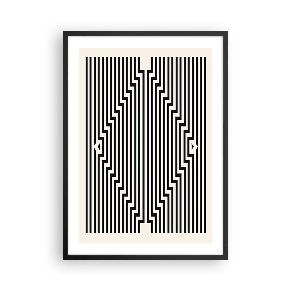 Affisch i svart ram - Svarta och vita linjer som skapar en optisk illusion - 50x70cm - Geometrisk illusion - Modern väggdekoration för vardagsrum och sovrum ARTTOR