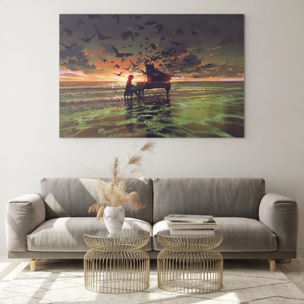 Glastavla - Bild på glas - Pianist som spelar piano på stranden vid solnedgången - 70x50cm - Konsert för piano och vågor - Modern väggdekoration för vardagsrum och sovrum ARTTOR