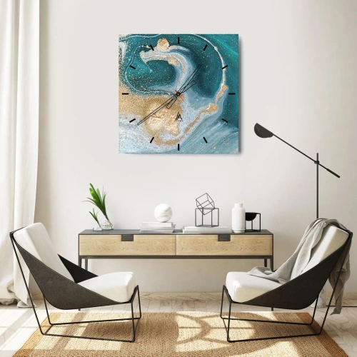 Väggklocka - Klocka på glas - Guld- och turkosvirvel - 30x30 cm