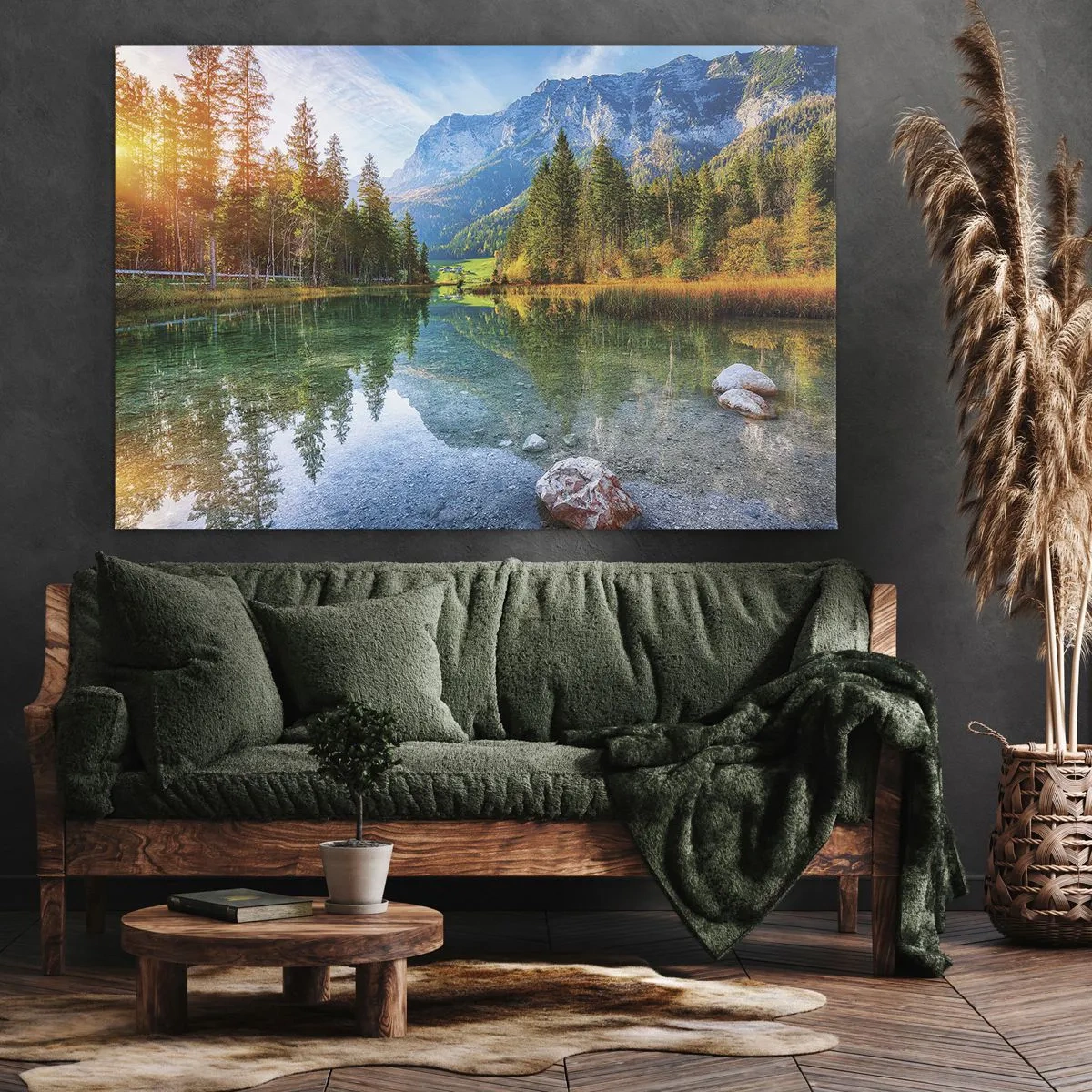 Canvastavla - Bild på duk - En pittoresk sjö omgiven av berg och skogar - 70x50cm - Höstens mildhet - Modern väggdekoration för vardagsrum och sovrum ARTTOR