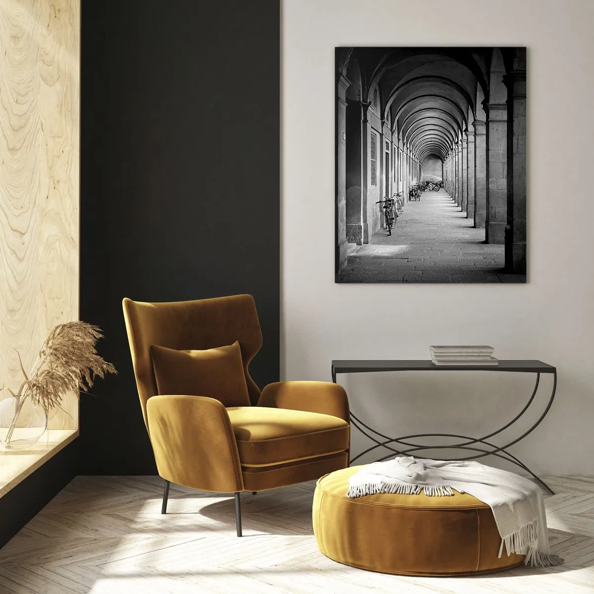 Glastavla - Bild på glas - Under en arkadhall - 50x70 cm