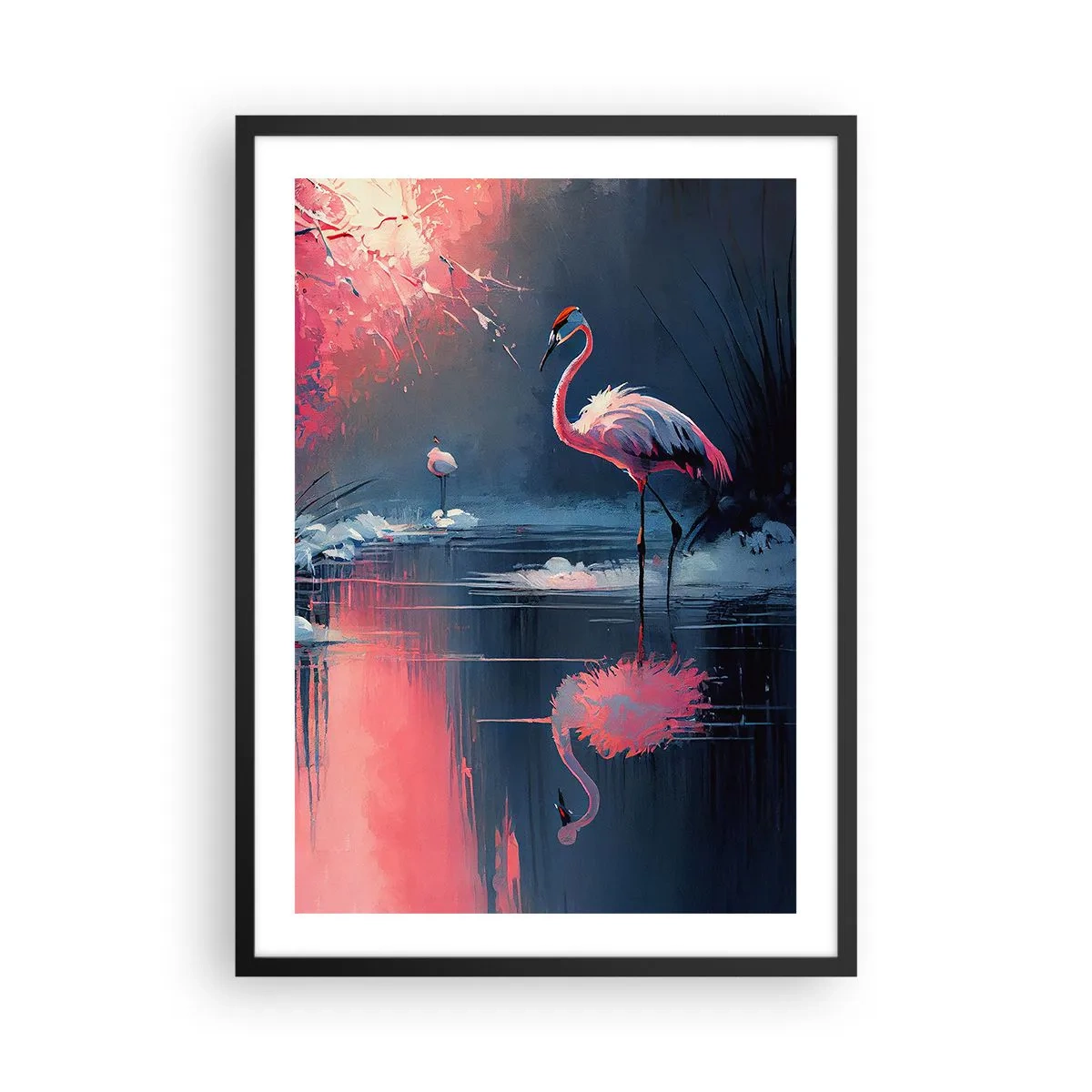 Affisch i svart ram - Flamingos på en lugn sjö - 50x70cm - En fågels tillflyktsort - Modern väggdekoration för vardagsrum och sovrum ARTTOR