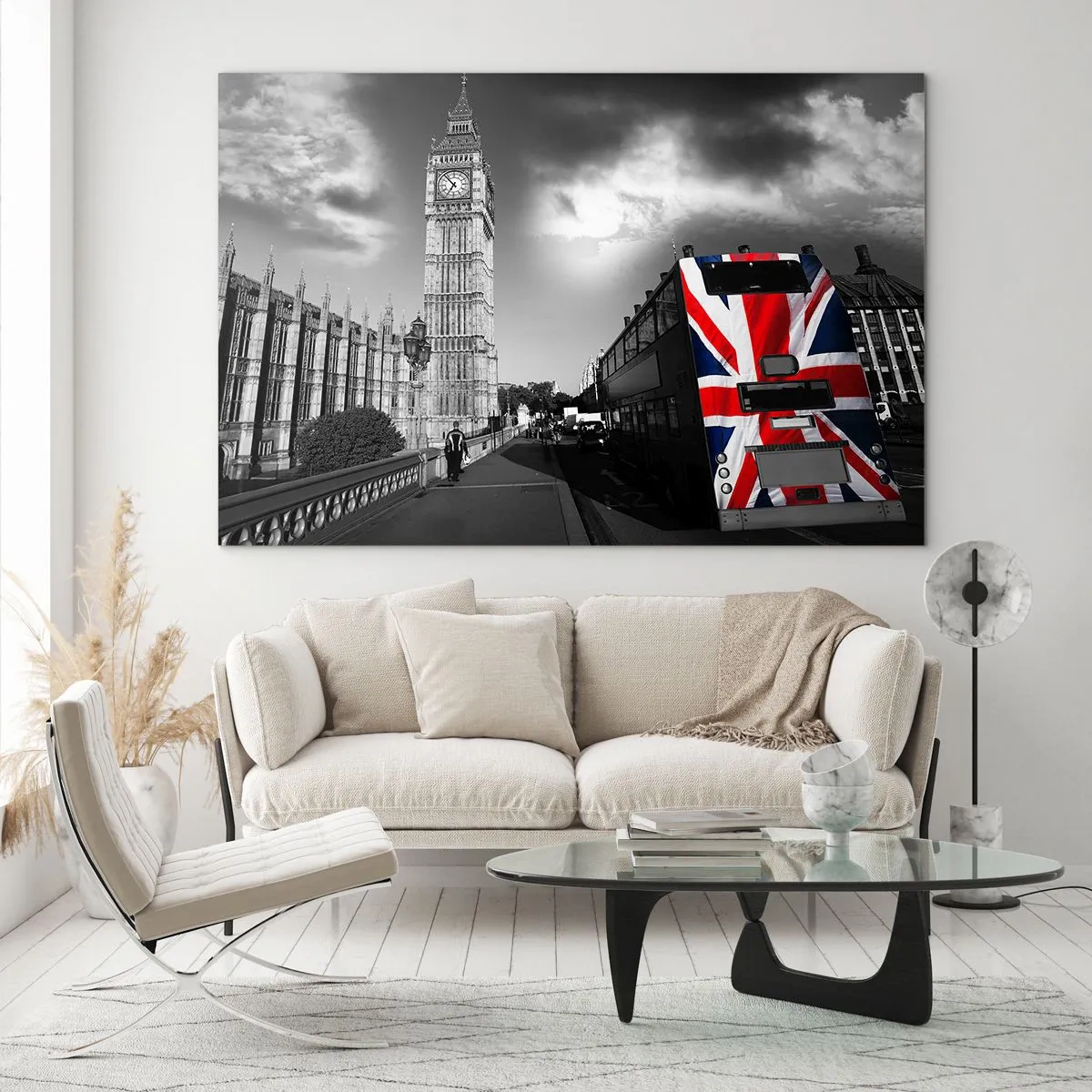 Glastavla - Bild på glas - Big Ben och en buss med en brittisk flagga - 70x50cm - Stolt och stor - Modern väggdekoration för vardagsrum och sovrum ARTTOR