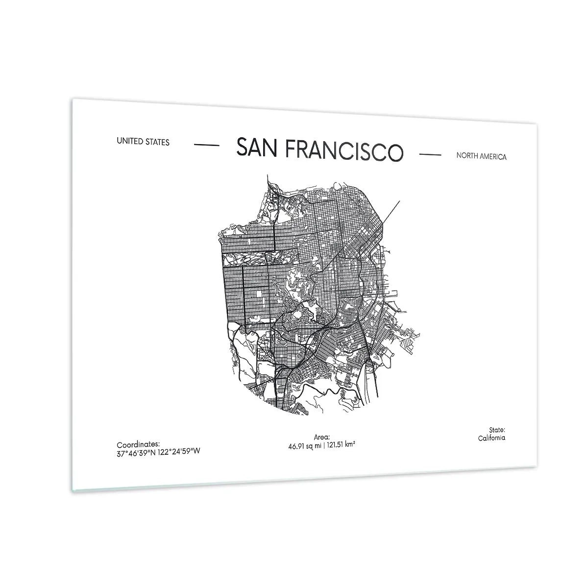 Glastavla - Bild på glas - En minimalistisk gatukarta över San Francisco - 70x50cm - San Franciscos anatomi - Modern väggdekoration för vardagsrum och sovrum ARTTOR