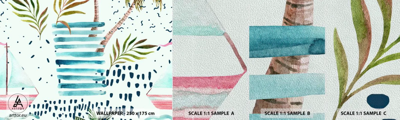 Provbit av fototapet Premium Sand - Semester under palmerna - Vattenfärger, Kokosnötspalm, Segelbåt - 100x30 cm