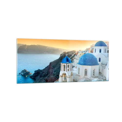 Glastavla - Bild på glas - Santorini - inbäddat i berg - 120x50 cm