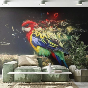 Fototapet Standard Eco - Färgglad papegoja med spridningseffekt på en mörk bakgrund - 100x70cm - Skenets bud - Modern väggdekoration för vardagsrum och sovrum ARTTOR