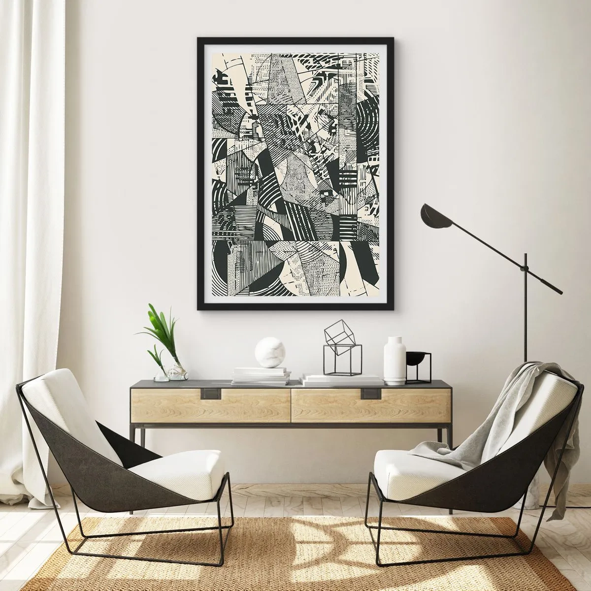 Affisch i svart ram - Svartvita abstrakta geometriska mönster - 50x70cm - Nutidens dynamik - Modern väggdekoration för vardagsrum och sovrum ARTTOR