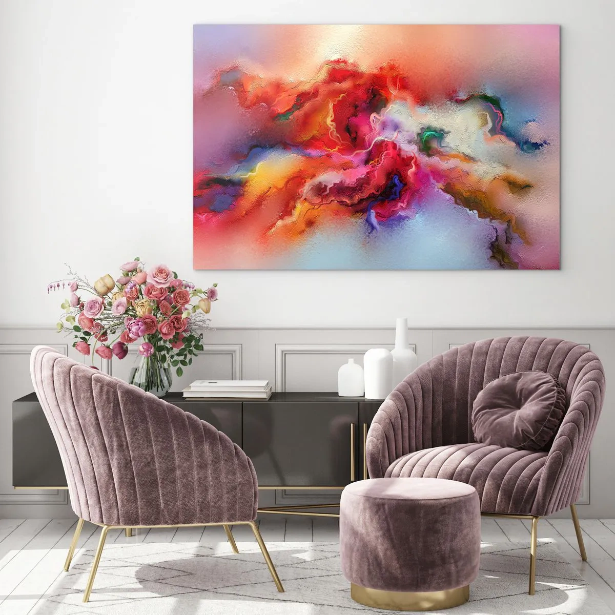 Glastavla - Bild på glas - En färgglad abstraktion som liknar virvlande rökspår. - 70x50cm - Fåna drömmarna - rök - Modern väggdekoration för vardagsrum och sovrum ARTTOR