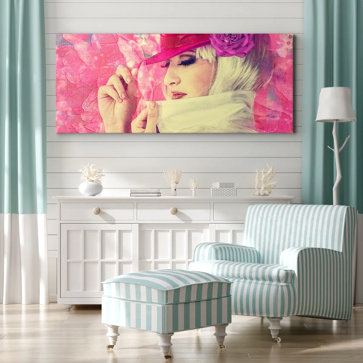 Canvastavla - Bild på duk - Retroporträtt i rosa ångor - 100x40 cm