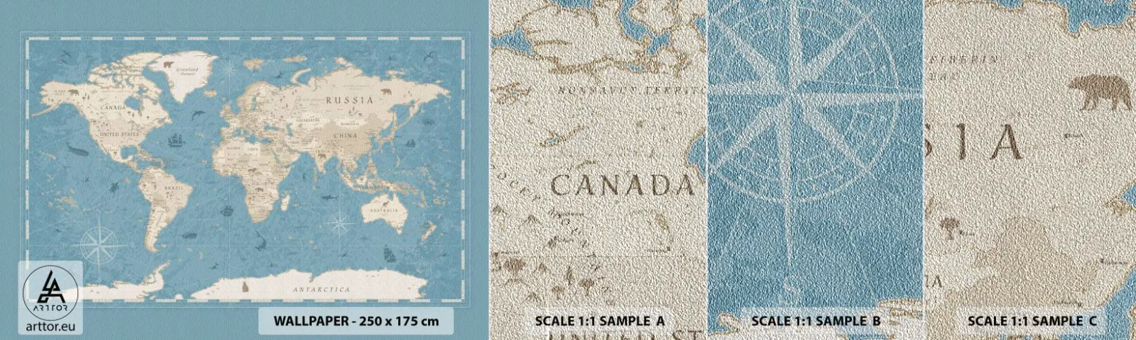 Provbit av fototapet Premium Sand - En värld inom räckhåll - Världskarta, Årgång, Grunge - 100x30 cm
