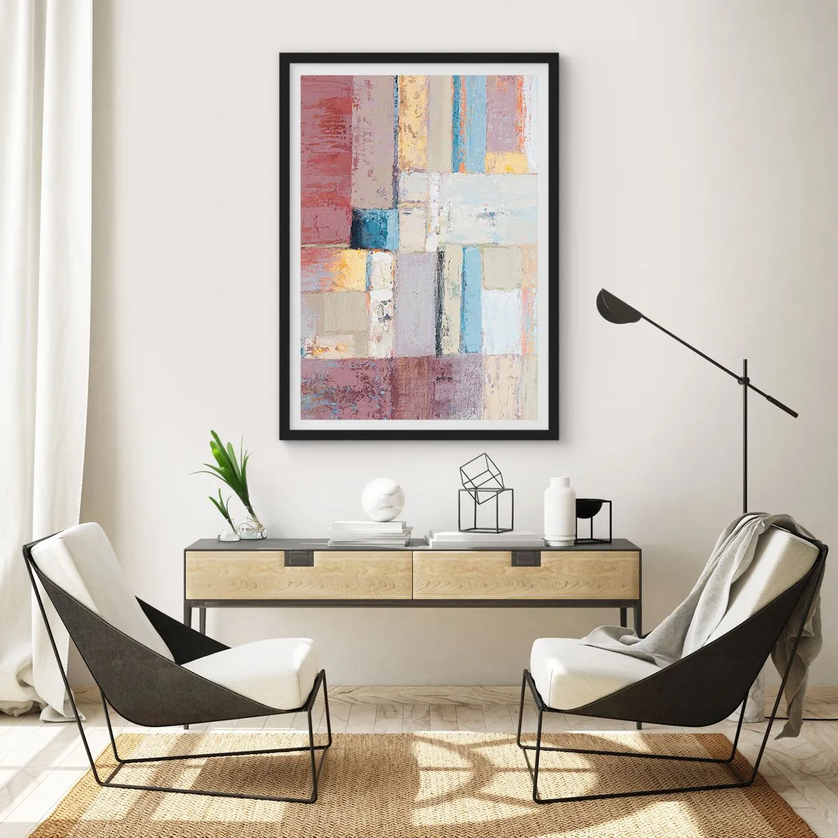 Affisch i svart ram - Abstrakt geometrisk komposition i pastellfärger - 50x70cm - Geometrins lugn - Modern väggdekoration för vardagsrum och sovrum ARTTOR