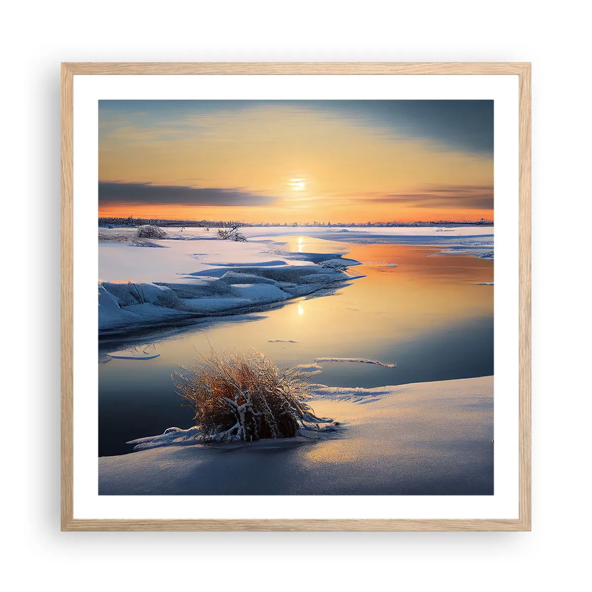 Affisch i ram av ljusek - Vintersolnedgång - 60x60 cm