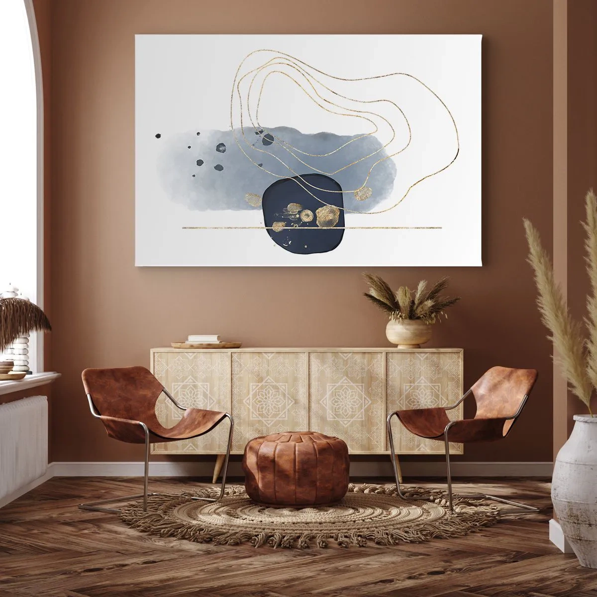 Canvastavla - Bild på duk - Abstraktion i nyanser av blått och guld - 70x50cm - Blå-guld fantasi - Modern väggdekoration för vardagsrum och sovrum ARTTOR