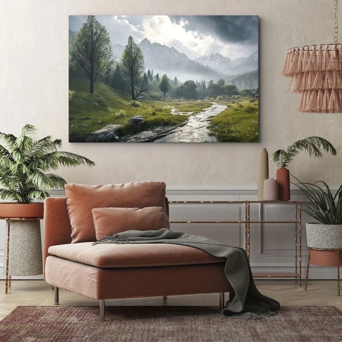 Canvastavla - Bild på duk - Ett bergslandskap med en flod och träd omgivna av dimmiga berg - 70x50cm - Fram och tillbaka - Modern väggdekoration för vardagsrum och sovrum ARTTOR