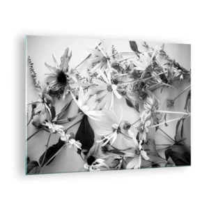Glastavla - Bild på glas - Spridda svartvita blommor i ett konstnärligt arrangemang - 70x50cm - Icke-blombukett - Modern väggdekoration för vardagsrum och sovrum ARTTOR