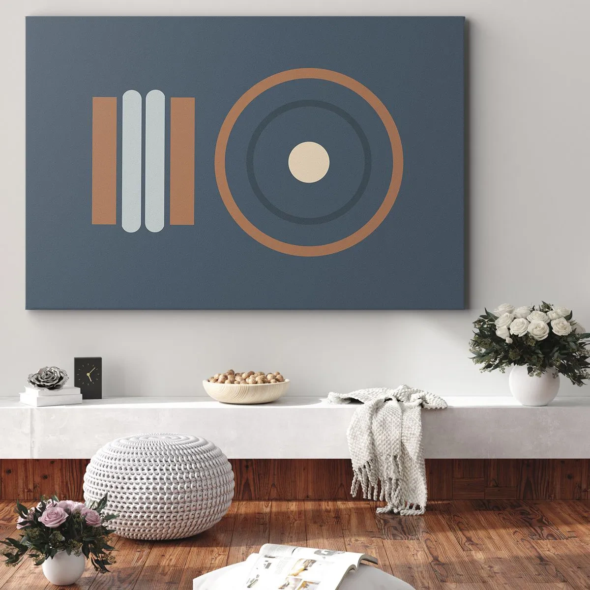 Canvastavla - Bild på duk - En geometrisk komposition med cirklar och rektanglar i dämpade färger. - 70x50cm - Sakens kärna - Modern väggdekoration för vardagsrum och sovrum ARTTOR