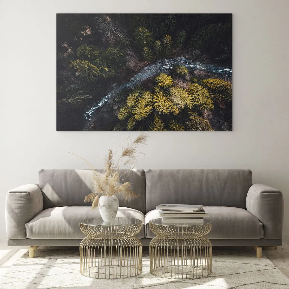 Glastavla - Bild på glas - En fågelperspektiv av ett skogslandskap med en slingrande bäck - 70x50cm - Snabbt, allt snabbare - Modern väggdekoration för vardagsrum och sovrum ARTTOR