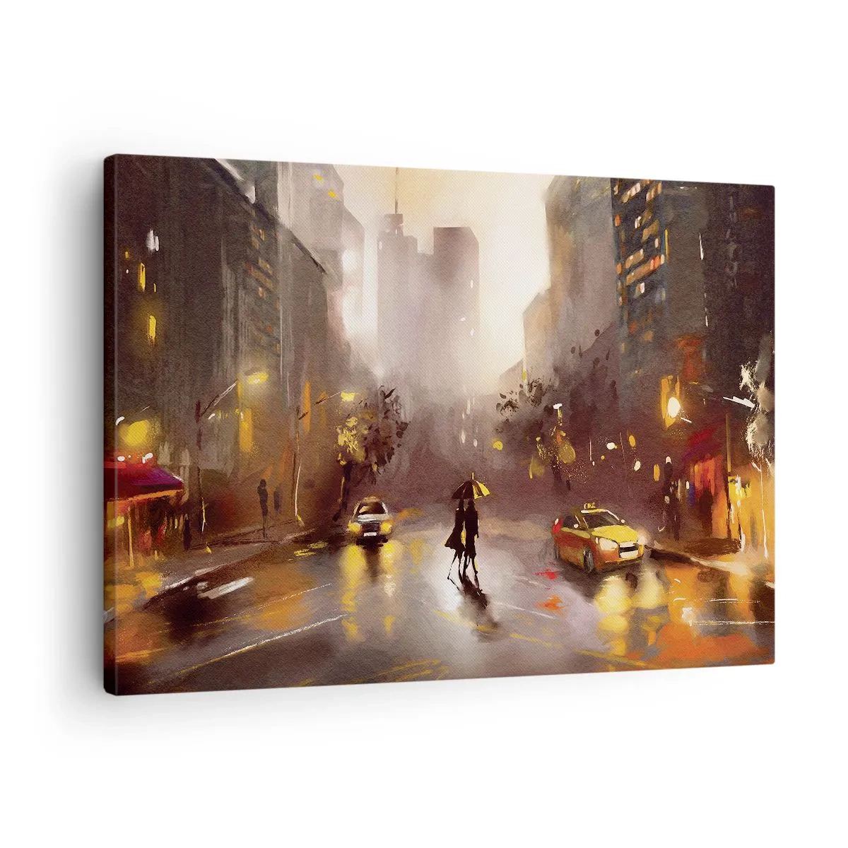 Canvastavla - Bild på duk - En stadsbild på natten i ljuset från gatlyktor och reflektioner på en våt gata. - 70x50cm - I New Yorks ljus - Modern väggdekoration för vardagsrum och sovrum ARTTOR