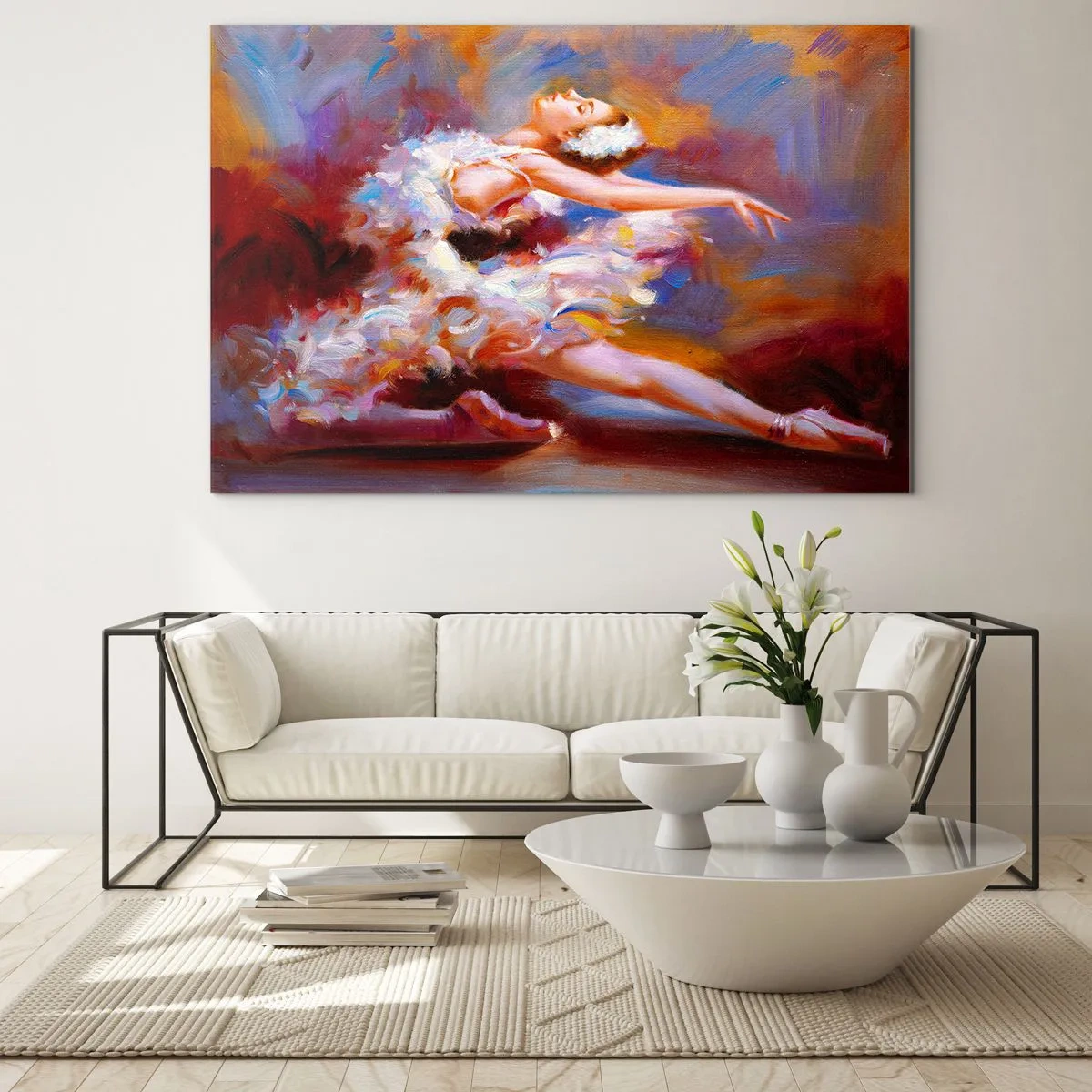 Glastavla - Bild på glas - En ballerina i en dynamisk pose mot en bakgrund av abstrakta färger. - 70x50cm - Svangrace - Modern väggdekoration för vardagsrum och sovrum ARTTOR