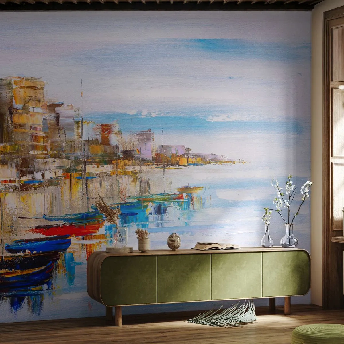 Fototapet Standard Eco - Flerfärgad urban hamn - Landskap, hamn, Seaside - 350x256 cm