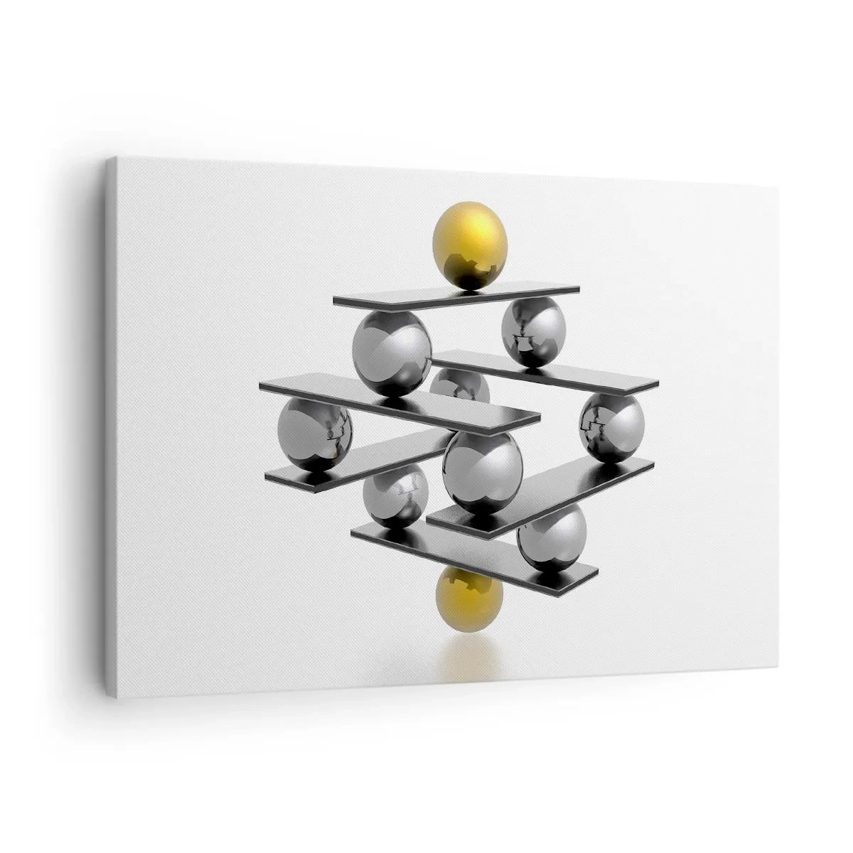 Canvastavla - Bild på duk - Geometrisk komposition med metallkulor och en guldfärgad accent - 70x50cm - Guld-silver balans - Modern väggdekoration för vardagsrum och sovrum ARTTOR